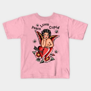 Vintage Cupid Tattoo, Peace and Love Kids T-Shirt